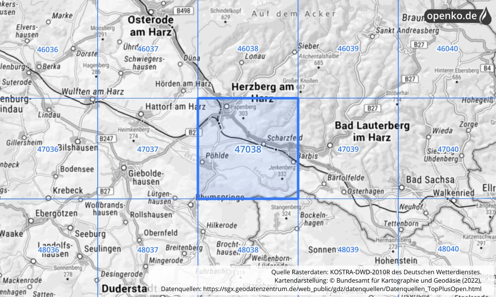 Übersichtskarte KOSTRA-DWD-2010R Rasterfeld Nr. 47038 mit angrenzenden Feldern