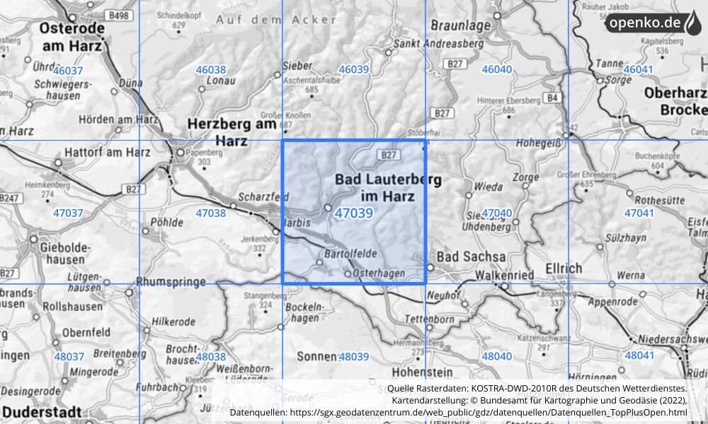 Übersichtskarte KOSTRA-DWD-2010R Rasterfeld Nr. 47039 mit angrenzenden Feldern