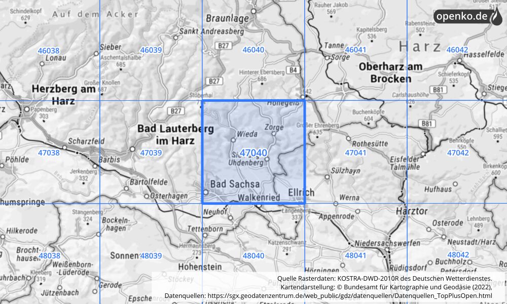 Übersichtskarte KOSTRA-DWD-2010R Rasterfeld Nr. 47040 mit angrenzenden Feldern