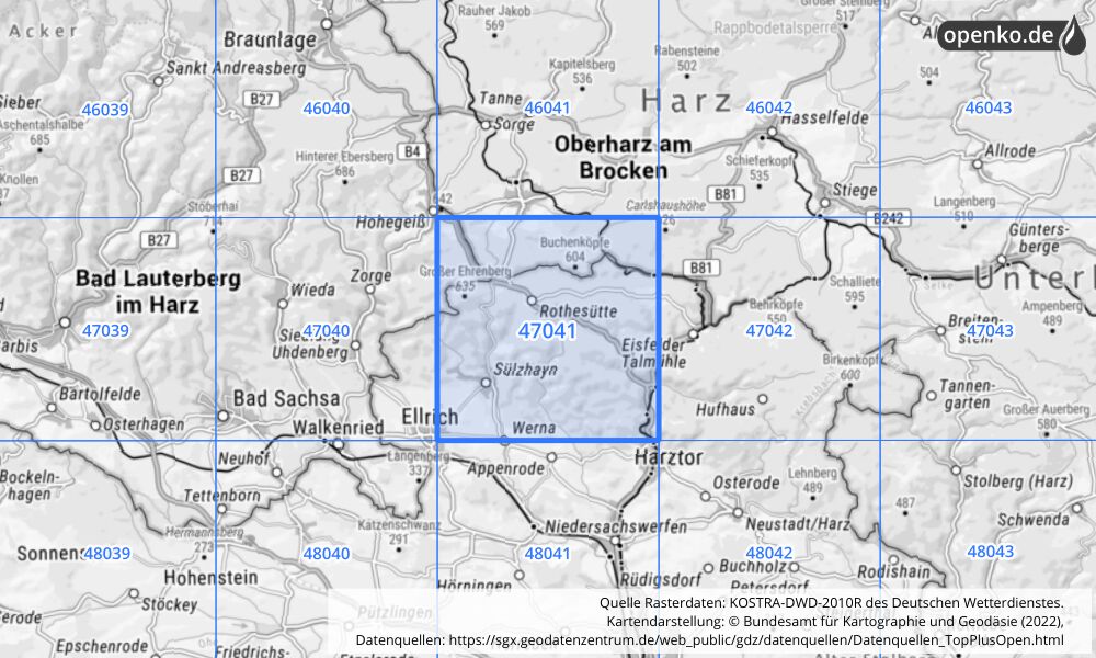 Übersichtskarte KOSTRA-DWD-2010R Rasterfeld Nr. 47041 mit angrenzenden Feldern