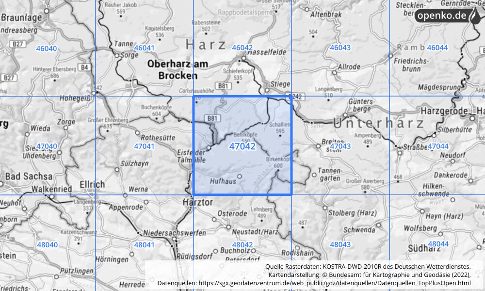 Übersichtskarte KOSTRA-DWD-2010R Rasterfeld Nr. 47042 mit angrenzenden Feldern