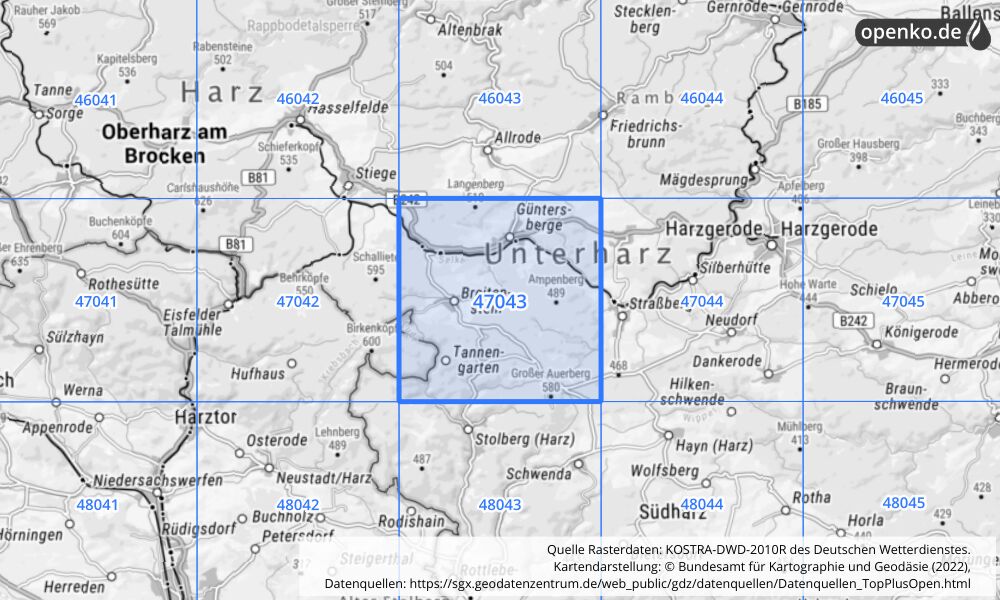 Übersichtskarte KOSTRA-DWD-2010R Rasterfeld Nr. 47043 mit angrenzenden Feldern