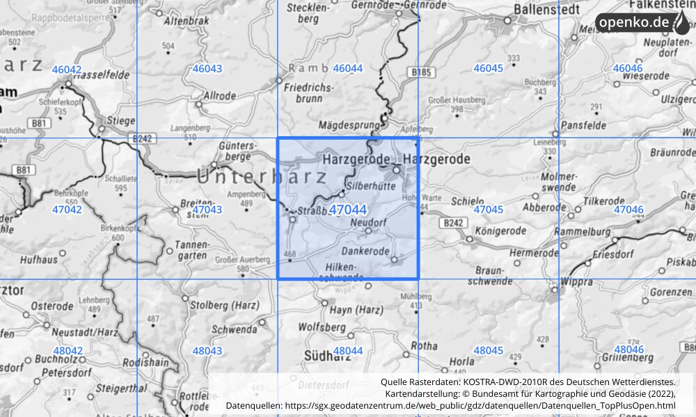 Übersichtskarte KOSTRA-DWD-2010R Rasterfeld Nr. 47044 mit angrenzenden Feldern