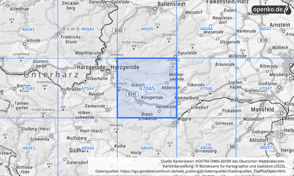 Übersichtskarte KOSTRA-DWD-2010R Rasterfeld Nr. 47045 mit angrenzenden Feldern
