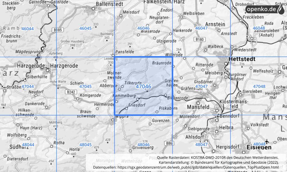 Übersichtskarte KOSTRA-DWD-2010R Rasterfeld Nr. 47046 mit angrenzenden Feldern