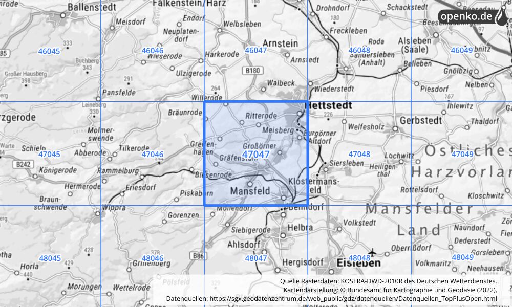 Übersichtskarte KOSTRA-DWD-2010R Rasterfeld Nr. 47047 mit angrenzenden Feldern