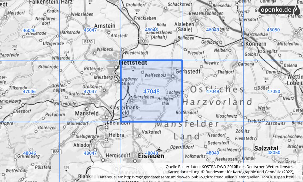 Übersichtskarte KOSTRA-DWD-2010R Rasterfeld Nr. 47048 mit angrenzenden Feldern