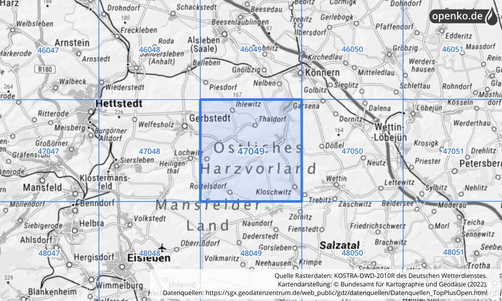 Übersichtskarte KOSTRA-DWD-2010R Rasterfeld Nr. 47049 mit angrenzenden Feldern