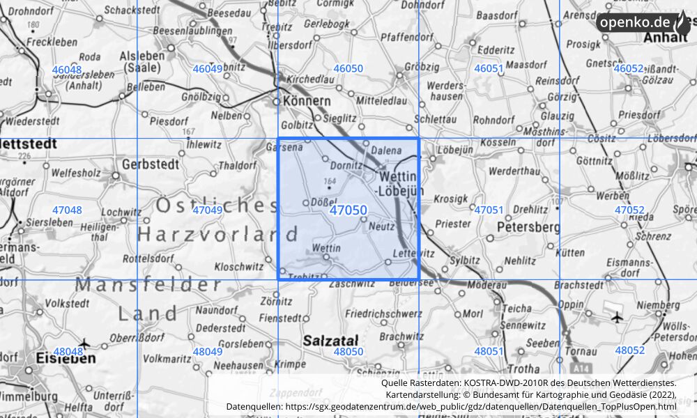 Übersichtskarte KOSTRA-DWD-2010R Rasterfeld Nr. 47050 mit angrenzenden Feldern