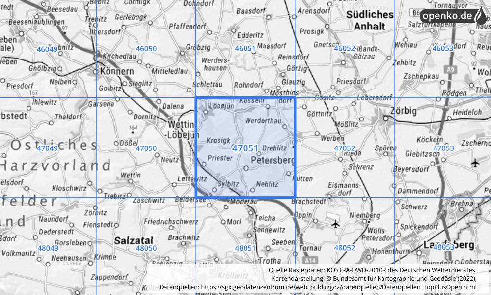 Übersichtskarte KOSTRA-DWD-2010R Rasterfeld Nr. 47051 mit angrenzenden Feldern