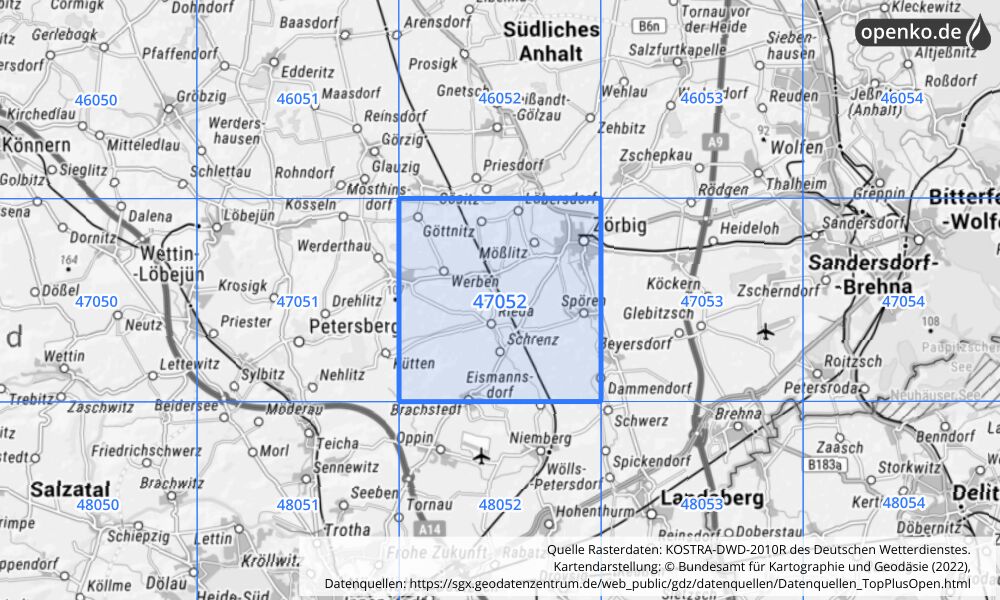 Übersichtskarte KOSTRA-DWD-2010R Rasterfeld Nr. 47052 mit angrenzenden Feldern