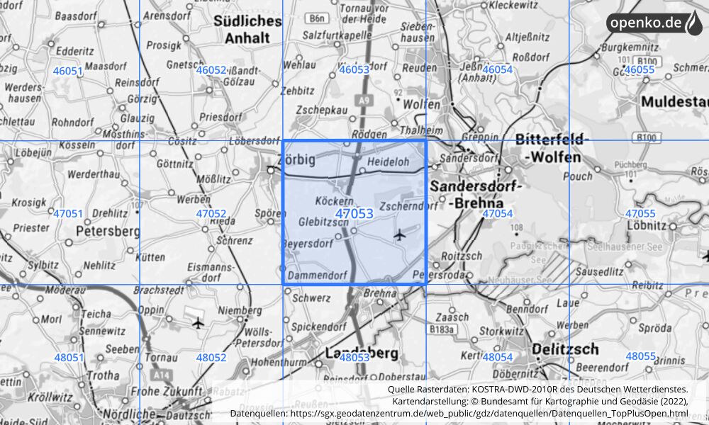 Übersichtskarte KOSTRA-DWD-2010R Rasterfeld Nr. 47053 mit angrenzenden Feldern