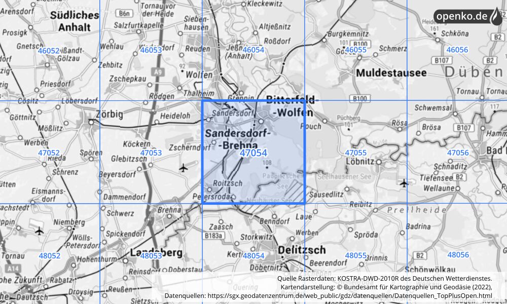 Übersichtskarte KOSTRA-DWD-2010R Rasterfeld Nr. 47054 mit angrenzenden Feldern