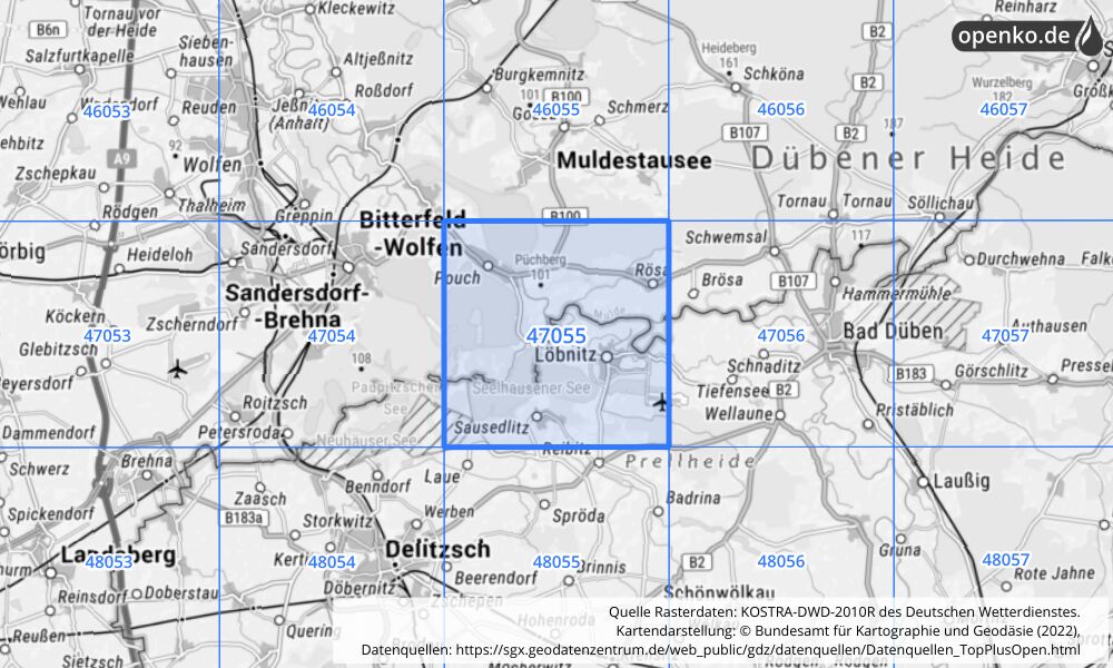 Übersichtskarte KOSTRA-DWD-2010R Rasterfeld Nr. 47055 mit angrenzenden Feldern