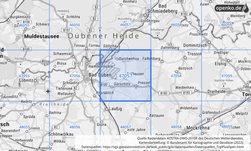 Übersichtskarte KOSTRA-DWD-2010R Rasterfeld Nr. 47057 mit angrenzenden Feldern