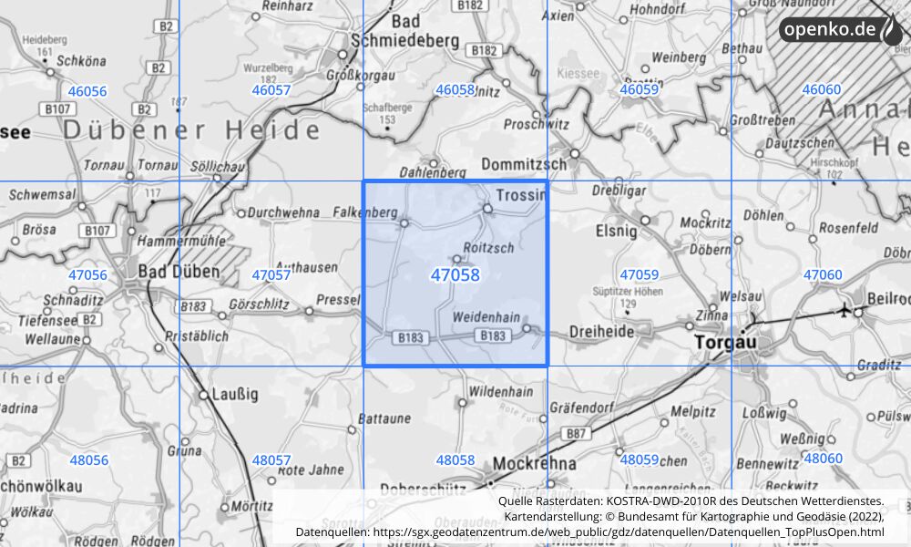 Übersichtskarte KOSTRA-DWD-2010R Rasterfeld Nr. 47058 mit angrenzenden Feldern