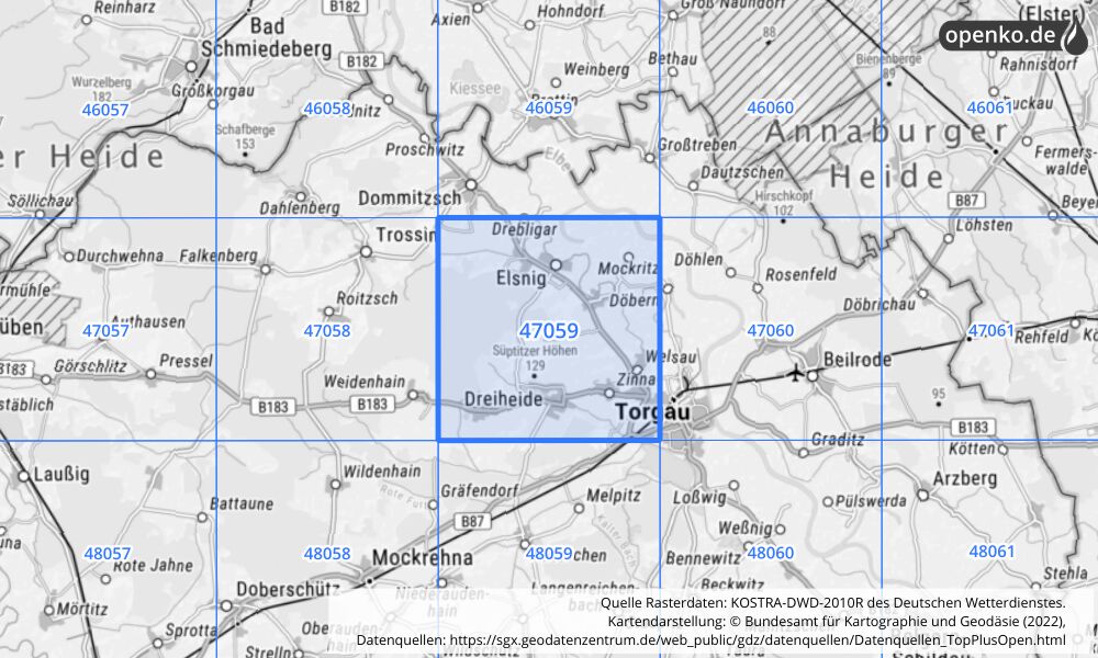 Übersichtskarte KOSTRA-DWD-2010R Rasterfeld Nr. 47059 mit angrenzenden Feldern