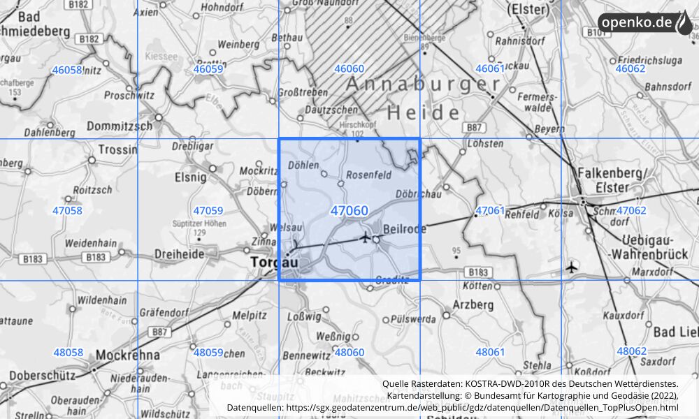 Übersichtskarte KOSTRA-DWD-2010R Rasterfeld Nr. 47060 mit angrenzenden Feldern