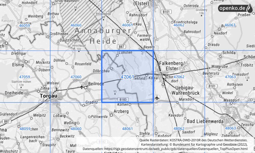 Übersichtskarte KOSTRA-DWD-2010R Rasterfeld Nr. 47061 mit angrenzenden Feldern