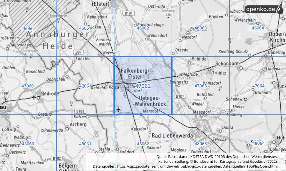 Übersichtskarte KOSTRA-DWD-2010R Rasterfeld Nr. 47062 mit angrenzenden Feldern