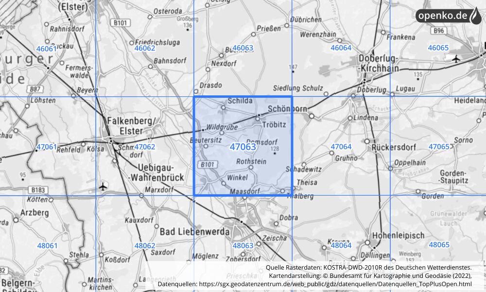 Übersichtskarte KOSTRA-DWD-2010R Rasterfeld Nr. 47063 mit angrenzenden Feldern