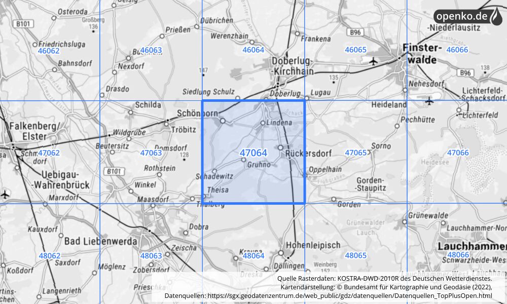 Übersichtskarte KOSTRA-DWD-2010R Rasterfeld Nr. 47064 mit angrenzenden Feldern