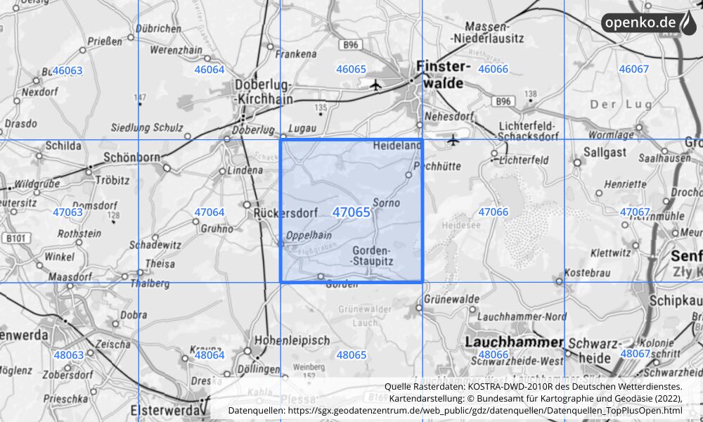 Übersichtskarte KOSTRA-DWD-2010R Rasterfeld Nr. 47065 mit angrenzenden Feldern