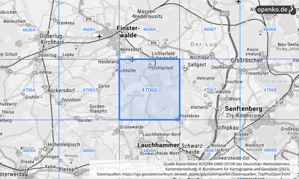 Übersichtskarte KOSTRA-DWD-2010R Rasterfeld Nr. 47066 mit angrenzenden Feldern