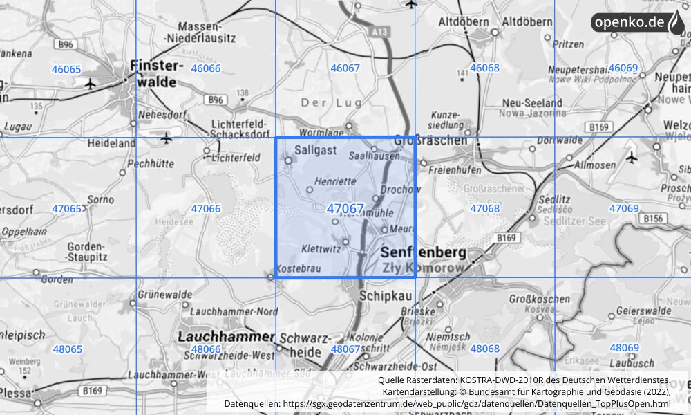 Übersichtskarte KOSTRA-DWD-2010R Rasterfeld Nr. 47067 mit angrenzenden Feldern