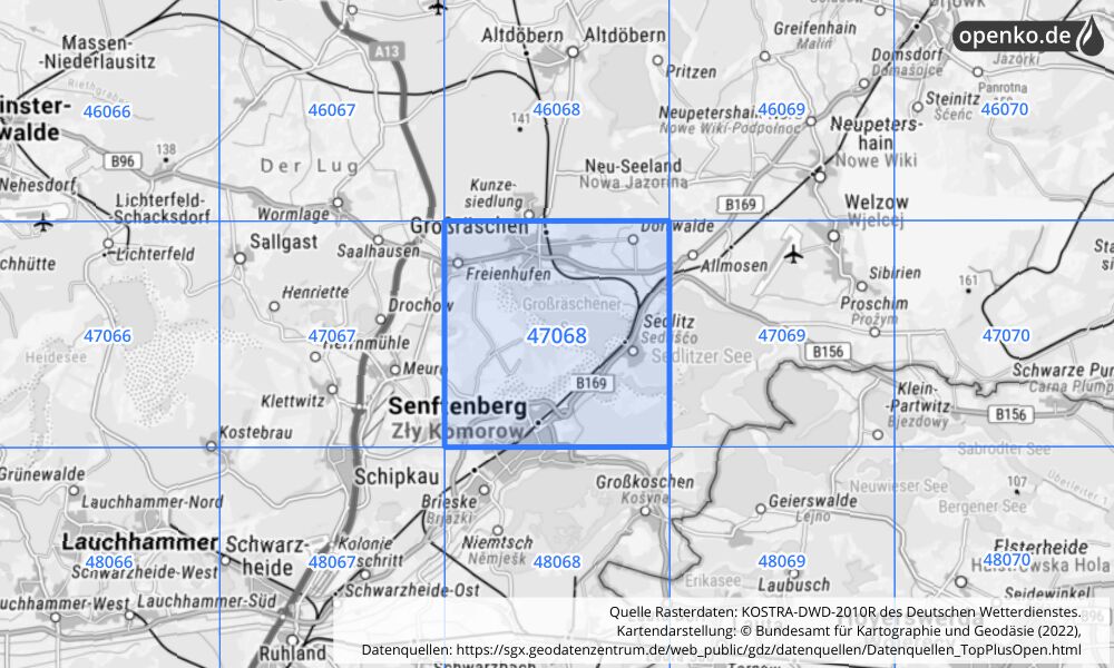 Übersichtskarte KOSTRA-DWD-2010R Rasterfeld Nr. 47068 mit angrenzenden Feldern