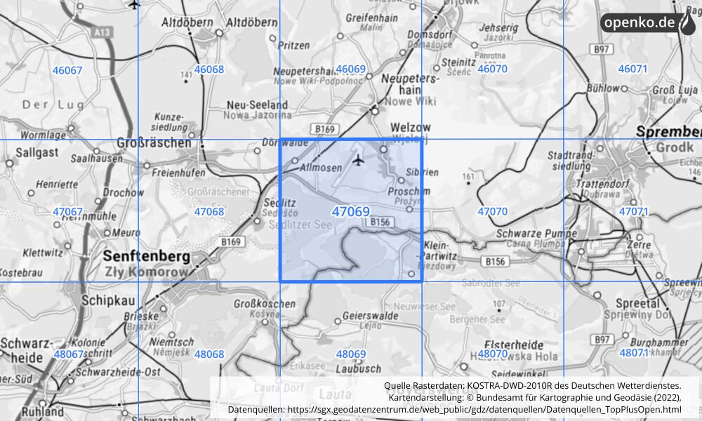 Übersichtskarte KOSTRA-DWD-2010R Rasterfeld Nr. 47069 mit angrenzenden Feldern