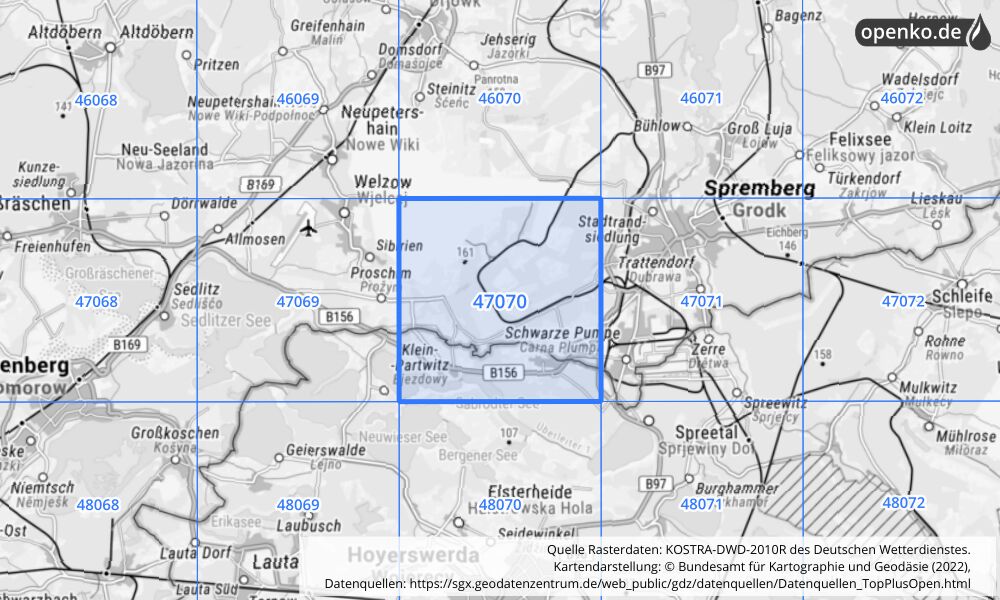 Übersichtskarte KOSTRA-DWD-2010R Rasterfeld Nr. 47070 mit angrenzenden Feldern