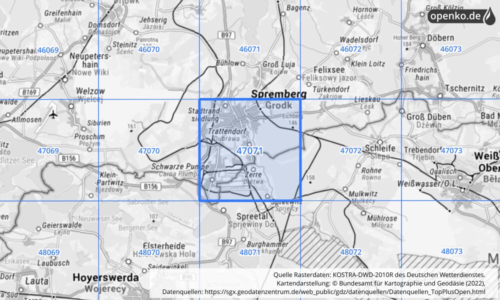 Übersichtskarte KOSTRA-DWD-2010R Rasterfeld Nr. 47071 mit angrenzenden Feldern