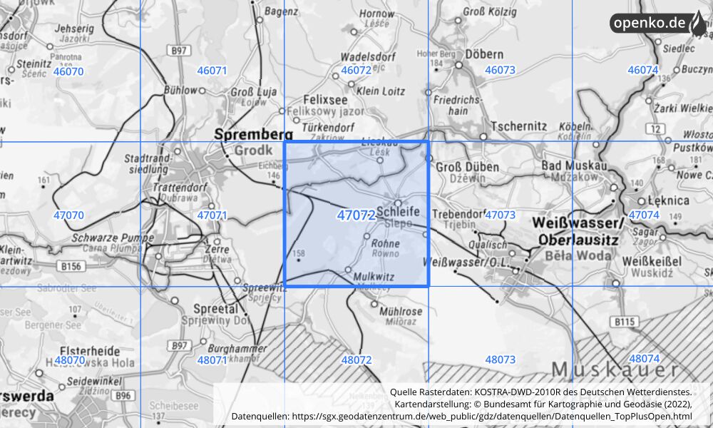 Übersichtskarte KOSTRA-DWD-2010R Rasterfeld Nr. 47072 mit angrenzenden Feldern