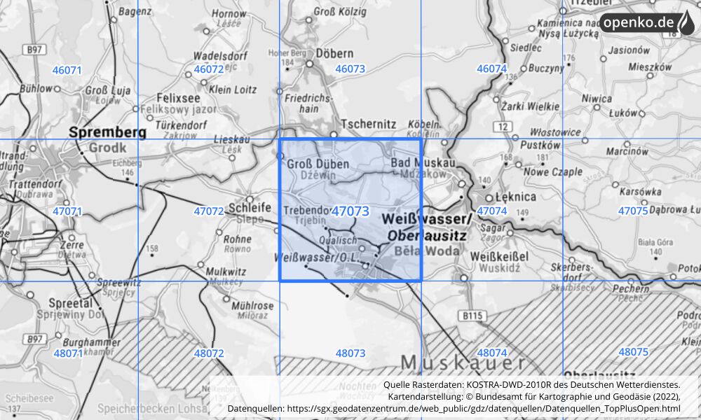 Übersichtskarte KOSTRA-DWD-2010R Rasterfeld Nr. 47073 mit angrenzenden Feldern