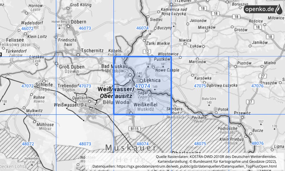 Übersichtskarte KOSTRA-DWD-2010R Rasterfeld Nr. 47074 mit angrenzenden Feldern