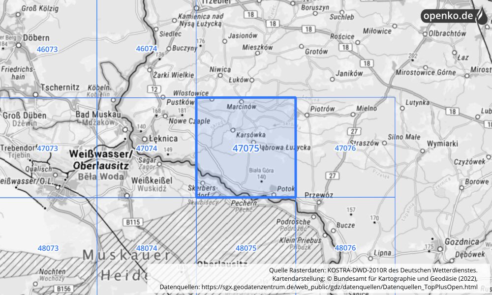 Übersichtskarte KOSTRA-DWD-2010R Rasterfeld Nr. 47075 mit angrenzenden Feldern