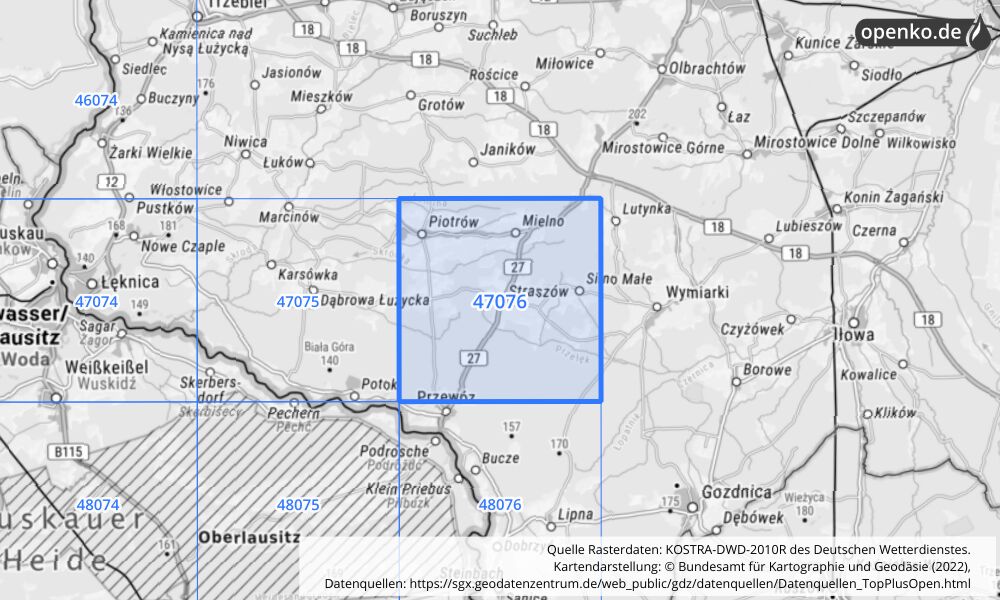 Übersichtskarte KOSTRA-DWD-2010R Rasterfeld Nr. 47076 mit angrenzenden Feldern