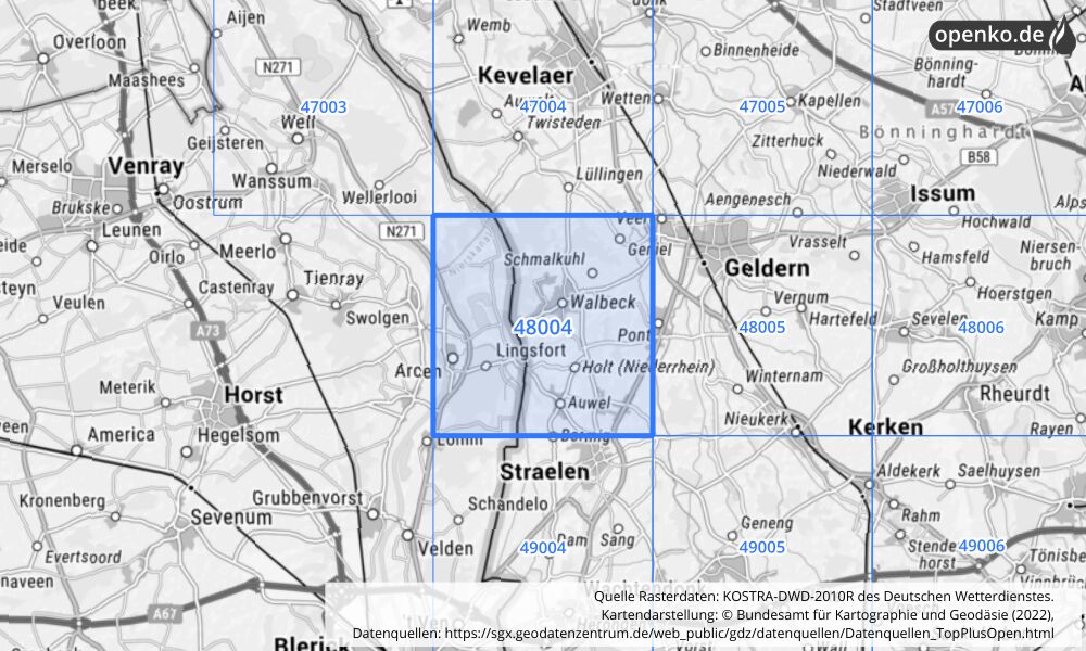 Übersichtskarte KOSTRA-DWD-2010R Rasterfeld Nr. 48004 mit angrenzenden Feldern