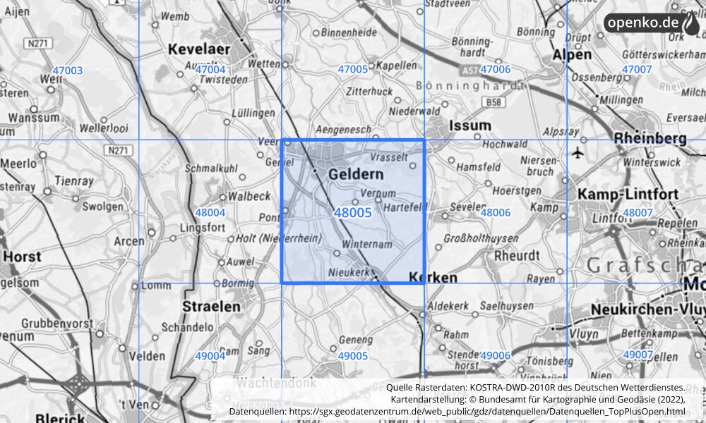 Übersichtskarte KOSTRA-DWD-2010R Rasterfeld Nr. 48005 mit angrenzenden Feldern