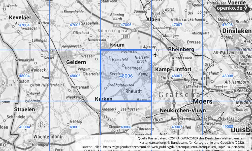 Übersichtskarte KOSTRA-DWD-2010R Rasterfeld Nr. 48006 mit angrenzenden Feldern