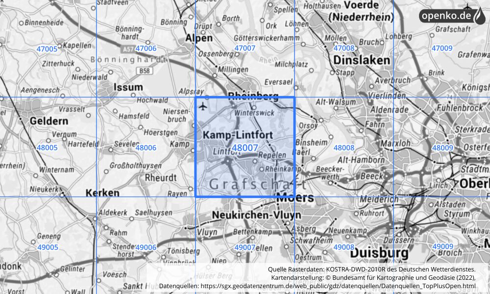 Übersichtskarte KOSTRA-DWD-2010R Rasterfeld Nr. 48007 mit angrenzenden Feldern