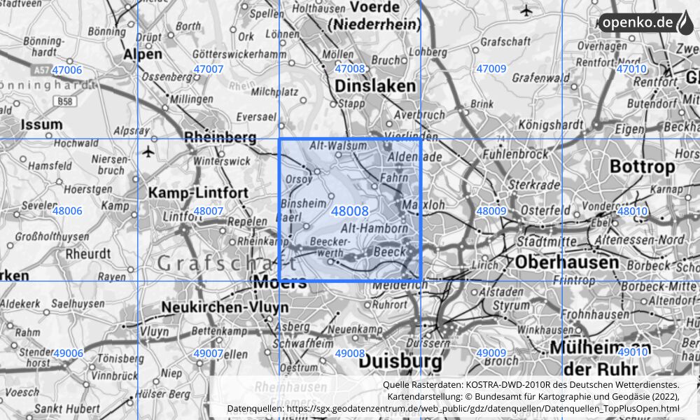 Übersichtskarte KOSTRA-DWD-2010R Rasterfeld Nr. 48008 mit angrenzenden Feldern