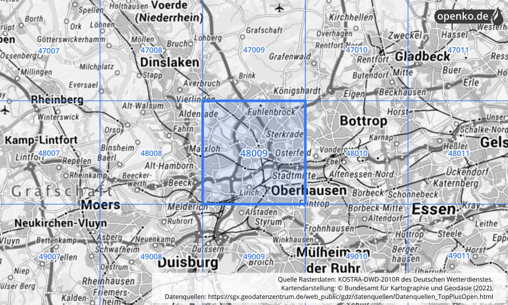 Übersichtskarte KOSTRA-DWD-2010R Rasterfeld Nr. 48009 mit angrenzenden Feldern