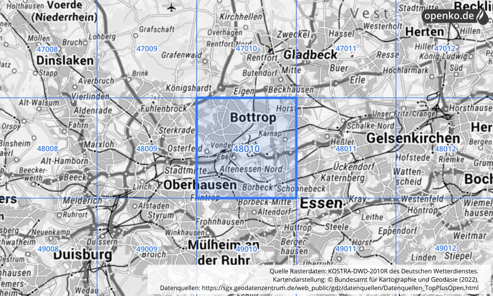 Übersichtskarte KOSTRA-DWD-2010R Rasterfeld Nr. 48010 mit angrenzenden Feldern