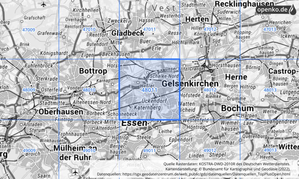 Übersichtskarte KOSTRA-DWD-2010R Rasterfeld Nr. 48011 mit angrenzenden Feldern