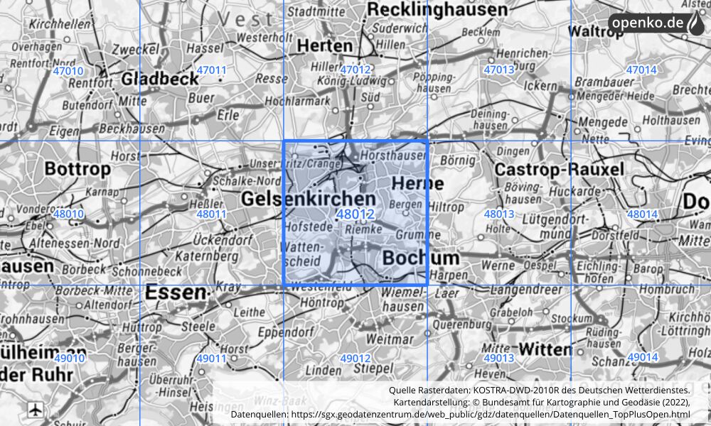 Übersichtskarte KOSTRA-DWD-2010R Rasterfeld Nr. 48012 mit angrenzenden Feldern