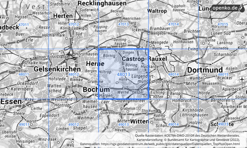 Übersichtskarte KOSTRA-DWD-2010R Rasterfeld Nr. 48013 mit angrenzenden Feldern