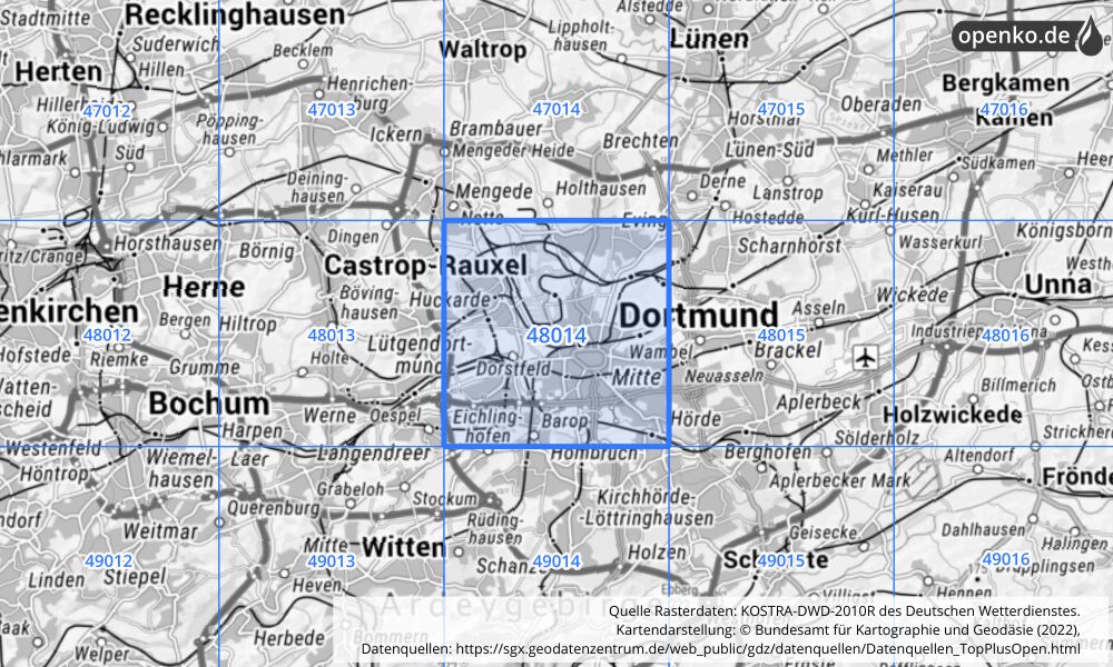 Übersichtskarte KOSTRA-DWD-2010R Rasterfeld Nr. 48014 mit angrenzenden Feldern