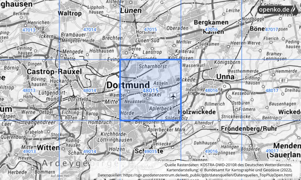 Übersichtskarte KOSTRA-DWD-2010R Rasterfeld Nr. 48015 mit angrenzenden Feldern